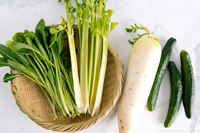 Komatsuna, celeries, daikon radish, and Japanese cucumbers.