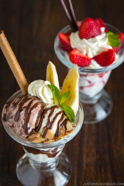 Chocolate banana parfait and strawberry parfait.