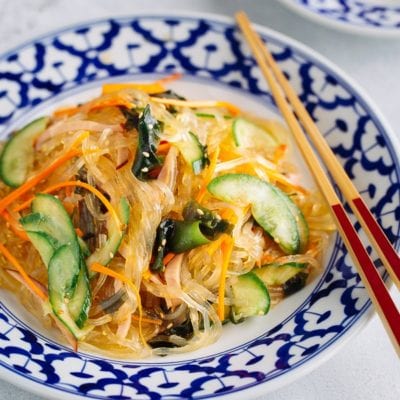 Harusame Salad (Japanese Glass Noodle Salad) on a blue and white plate.