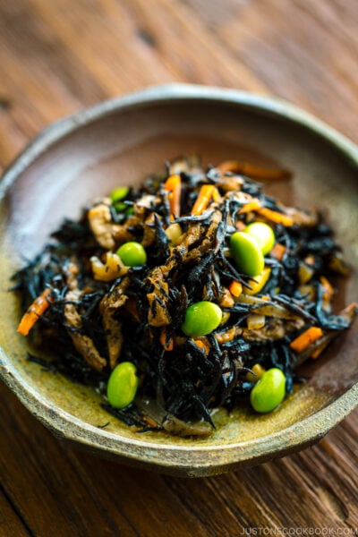 A ceramic dish containing Hijiki Seaweed Salad.