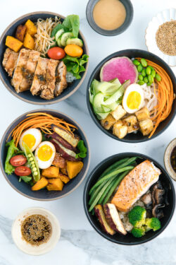 Healthy, home-cooked DYI Bowls along with sauces.