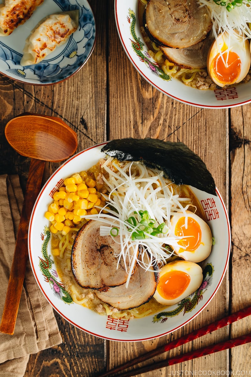 Miso ramen with homemade chashu and ramen egg garnished with nori.