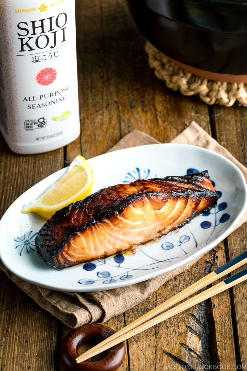 A plate containing shio koji salmon.