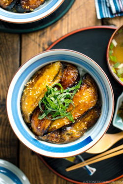 A Japanese rice bowl containing Soy Glazed Eggplant Donburi topped with julienned shiso and toasted sesame seeds.