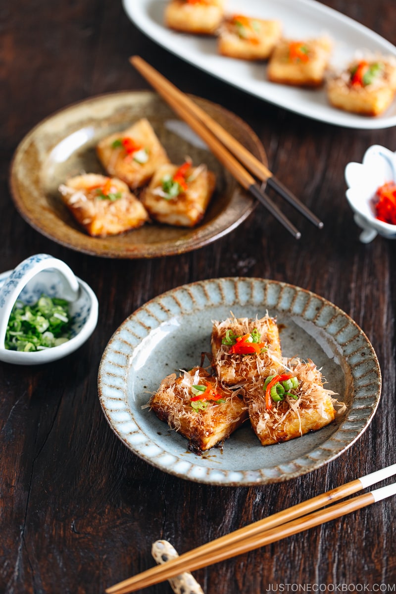 Teriyaki tofu on a Japanese plates.