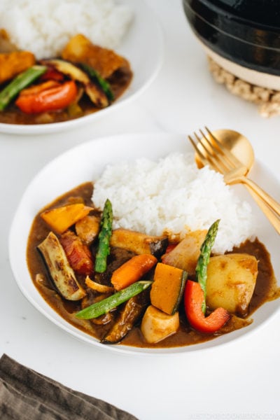 A white plate containing Vegetarian Japanese Curry along with steamed rice.